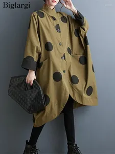 Kvinnors dike rockar överdimensionerade polka dot coat kvinnor vintage höst lösa damer outkläder casual mode kvinna lång jacka jacka