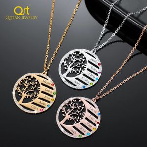 Bracelets Personalized Family Tree Name Necklace With Birthstone Crystal Pendant Engrave Name Chain Stainless Steel Jewelry Christmas Gift