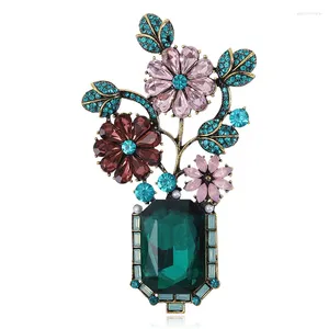 Brooches Vintage Green Crystal Colored Bonsai Flower Brooch For Women Men Rhinestone Floral Vase Pin Clothing Suit Coat Accesories