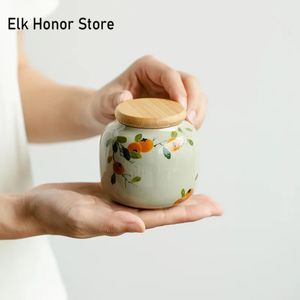 Pure Hand-painted Persimmon Ceramic Tea Caddy Leaf Jar Sealed Moisture-proof Mini Storage Portable Small Tea Box Organizer Tank 240119