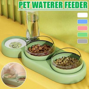 Alimentadores para animais de estimação Tigela de gato Alimentador automático Tigela de comida para cães Protege o pescoço contra tombamento com fonte de água Tigela dupla Prato de suporte para beber