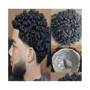 Men'S Children'S Wigs 15Mm Afro Curl 1B Fl Pu Toupee Mens Wig Brazilian Remy Human Hair Replacement 12Mm Curly Lace Unit For Black Dhwj2