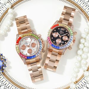 Moda feminina arco-íris anel três olhos diamante calendário lazer cinto de aço relógio de quartzo à prova dwaterproof água