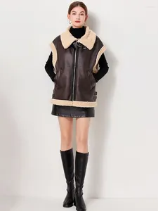 Kadın Yelekler 2024 Sonbahar Kış Sokak Giyim Kürk Entegre Ye Ceket koyun derisi kolsuz PU deri ceket vintage yüksek yakalı yelek