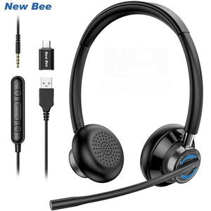 Headsets New Bee USB Headset with Mic Mute for PC 3.5mm Business Headphones with Rotatable Microphone Noise Cancelling for Call Center J240123