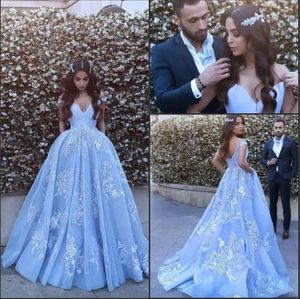Ice Blue Arabic Dubai Off the Shoulder Evening Dresses 2024 Said Mhamad A Line Vintage Lace Prom Party Clows Special Occasion Dresses
