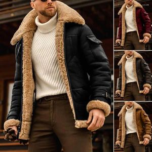 Jaquetas masculinas 2024 homens jaqueta contraste cor retalhos forro de pelúcia turndown colarinho zíper à prova de frio inverno falso pele outerwear streetwear