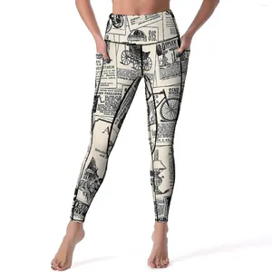 Leggings femininas vintage spaper sexy carta impressão push up calças de yoga bonito elástico leggins feminino gráfico trabalhar fora calças esportivas