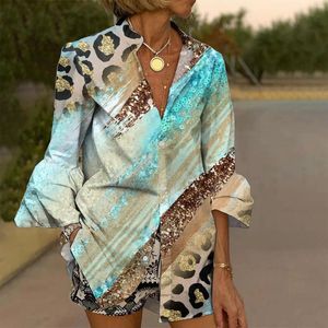 Women's Blouses Summer Leopard Print Seventh Sleeve Shirts Women Folding Cuff Loose Button Down Vintage Boho Beach Camisas Blusas