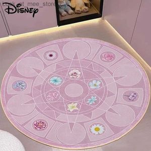 Carpet New Aesthetic Carpet Round Bedroom Bedside Pink Carpets Room Decor Princess Flowers Printed Floor Mat Luxury Home Plush Rugs Q240123