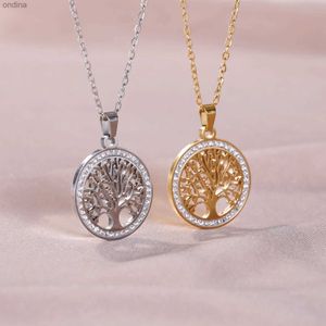 Pendant Necklaces Skyrim Tree of Life Necklace for Women Stainless Steel Gold Color Clear Zircon Round Pendant Neck Chains Luxury Wedding Gift YQ240124