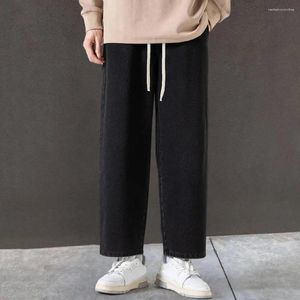 Men's Jeans 1Pc Wide Leg Men Drawstring Elastic Waist Retro Loose Fit Straight Pockets Soft Breathable Ankle Length Ninth Pants