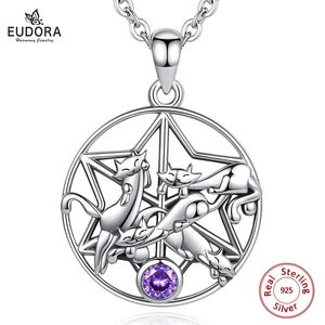 Wisiorki Eudora 925 Sterling Silver Lucky Cat wisiorek wisiorka Davida Naszyjka z fioletową kryształową biżuterią zwierząt dla dziewczynki Prezent D619