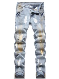 Paint Inkjet Blue Slim-Fit Men's Jeans Stretch Ripped Hole Denim Pants Spring Autumn Mid-Waist Small Straight Trousers