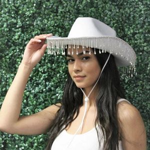 Basker Rhinestone Tassel Hat For Women Western Cowboy with Fringe Vintage Wide Brim Fedora Cap Bridal Wedding Party Accessories