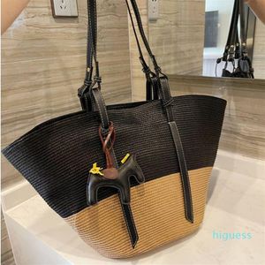 Designer- Women straw woven vegetable basket bag female hit color stitching large-capacity shoulder shopping bag vacation beach ba2890