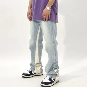 Herr jeans 2024 mode lapptäcke retro tvättade baggy män flare byxor hip hop raka kvinnor vintage denim byxor pantalon homme