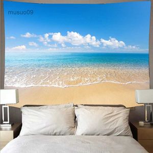 Arazzi Bellissimo mare Spiaggia Cielo blu Paesaggio Arazzo Poliestere Panno da parete Arazzo artistico Appeso a parete Tema delle onde del mare Decorazioni per la casa