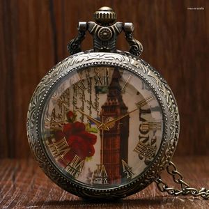 Pocket Watches Bronze Tone Big Ben Roses Motiv Pendant Necklace Quartz Watch Gift For Mane Women Chronograph Hombre Relojes