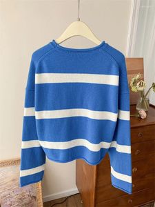 Women's Sweaters Rolled Edge Embroidery Ladies Loose Fit Simple O-Neck Knitwear Striped Knitted Sweater 2024 Pullover Tops