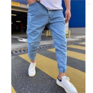 Jeans masculinos homens hip hop pacote pé cor sólida arranhado perna larga primavera e outono casual jogging lápis calças verão streetwear