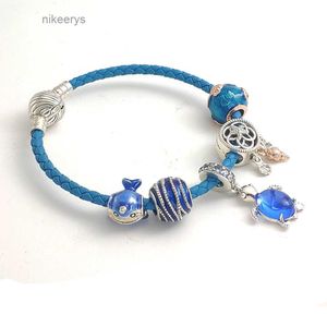 New 925 Sterling Silver Charms Blue Bracelets for Women Senior Designer Fashion Gift Flower Ocean Turtle Pendant Diy Fit Bracelet with Box T3LK