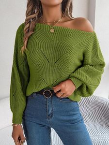 Women's Sweaters FICUSRONG Autumn Winter Knitted Sweater Leisure Hollow Jumper Women Off Shoulder Slash Neck Lantern Sleeve Pullover