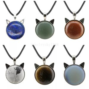 Collana con ciondolo a forma di testa di gatto in cristallo naturale con corda in pelle, regalo di festa energetico in cristallo curativo per amici e familiari