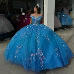 المكسيك الأزرق قبالة ثوب كرة الكتف فستان Quinceanera للفتاة زينة من الدانتيل عيد ميلاد ثياب حفلة موسيقية حلوة 16