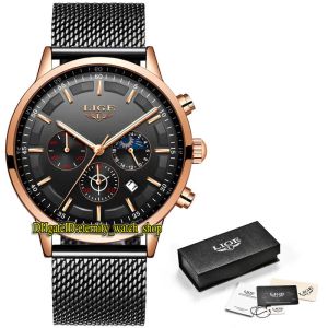 LIGE Eternity LG9877 Sport Herrenuhren Datum Schwarzes Zifferblatt Japan VK Quarz Chronographenwerk Herrenuhr Schwarzes Stahlgehäuse Roségold Lünette Gri