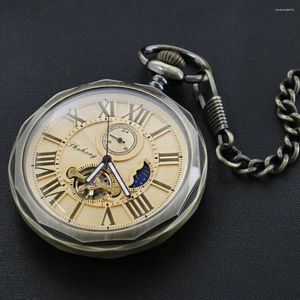Relógios de bolso antigo lua fase volante vintage relógio mecânico masculino mostrador romano relógio mão vento com corrente fob presente
