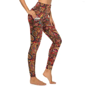 Kobiety legginsy klasyczne mod Paisley Yoga Spodnie Pockets Retro Floral Print Sexy Push Up Zabawne sportowe rajstopy elastyczne fitness graficzny