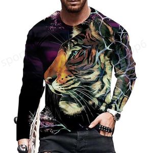 Camisetas 3D masculinas Camisetas masculinas com estampa vintage 3d tigre leão camisa animal manga comprida solta gola redonda verão algodão tops grandes 5xl roupas 2024 novo