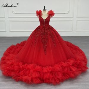 Alonlivn elegante colorido em camadas babados frisado lantejoulas pérolas apliques vestido de noiva com decote em v vestido de baile vestidos de noiva