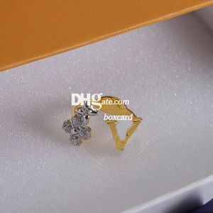 Women Designer Open Diamond Shiny Crystal Charm Letter Plated Cluster Rings with Present Box Sets