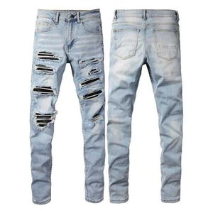 Jeans da uomo high street slim fit elastico versatile live streaming influencer jeans patchwork azzurro