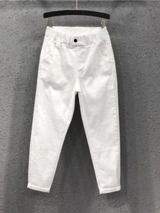 Plus size fino denim escritório senhora baggy jeans para mulheres calças casuais botão coreano moda bolsos cintura elástica pantalon femme 240123