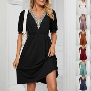 Casual Dresses Women Summer Fashion Dress Sleeveless Pockets Lace Stitching V Neck Loose Comfy Elegant Mother Of The Bride