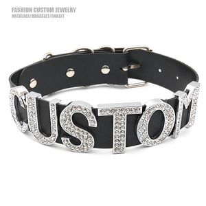 Necklaces Luxury Rhinestone Big Letters Black Pu Leather Wide Choker Collar Punk Personalized Custom Name Necklaces For Women & Men Gifts