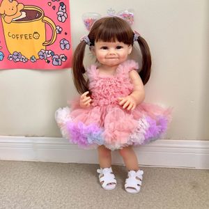 Npk 55cm reborn criança boneca com vestido rosa corpo inteiro macio silicone raya toque realista presentes de alta qualidade 240119