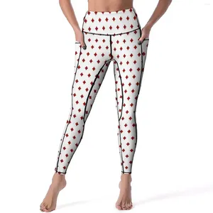 Leggings femininas vermelho jogando poker sexy diamantes cartão ternos cintura alta calças de yoga bonito estiramento leggins padrão feminino