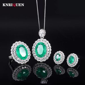 Sets Vintage 100 % 925 Sterling Silber Oval Smaragd Lab Diamant Anhänger Halskette Ringe Ohrringe Edelstein Schmuck Sets Geschenk für Frauen