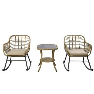 3 Piece Rocking Chairs Set, Rattan Patio Bistro Set, Outdoor Wicker Patio Furniture Set with Soft Cushion, Tempered Glass Top Table, All-Weather Rattan Conversation Set