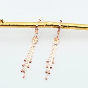 Brincos pendurados 585 ouro roxo corrente macia borla redonda contas gota para mulheres requintado longo elegante 14k rosa alta joias de casamento