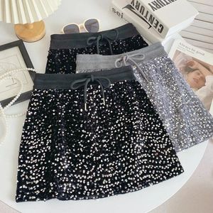 Skirts Elastic Waist Mini Skirt Winter Sequins Woman White And Black Big Size Glitter Sexy Bodycon Bling Sweetwear Drop