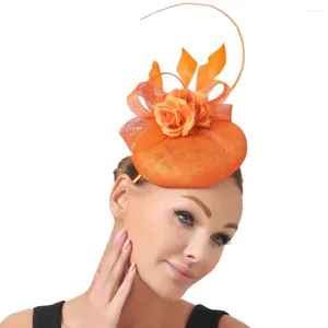 Basker fantastiska orange linne brud fascinator hattar kvinnor hårtillbehör bröllop milliner ornament huvudstycken dansfest hårnålar