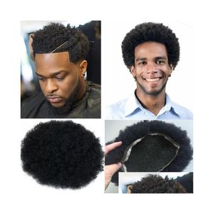 Mäns barns peruker Kändis Toupee Mens Hairpieces Afro Curl FL Lace Jet Black Color 1 Brasilianska Remy Human Hair Men ersättare Dhonc