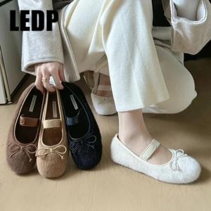 Winter Fur Bowknot Ballet Mary Janes Shoes Women Dress Elastic Band Velvet Warm Loafers Flats Elegant Non-slip Single Moccasins 240118