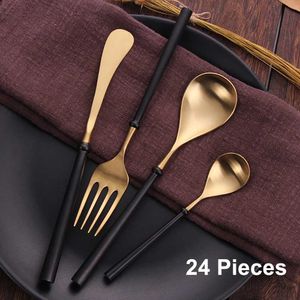 Camp Kitchen 24 Pieces Gold Cutlery Set Stainless Steel Tableware Knife Fork Spoon Set Black Dinnerware Kitchen Utensils Matte Sliverware YQ240123