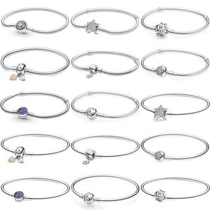 Armband Nya 925 Sterling Silver Moments Halo Daisy Flower Leaves Star Clasp Snake Chain Armband Bangle For Popular Bead Charm smycken
